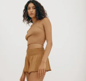 Shop Organic Basics Core Bold Rib Smocked Shorts Ocher