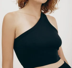 New Organic Basics Core Rib One Shoulder Crop Top Black