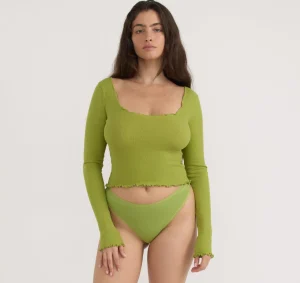 Clearance Organic Basics Core Rib V-Neck Long Sleeve Tee MatchaGreen