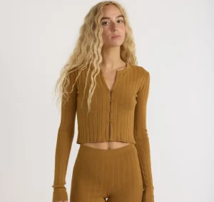 Outlet Organic Basics Soft Knit Rib Crop Cardigan GoldenClay
