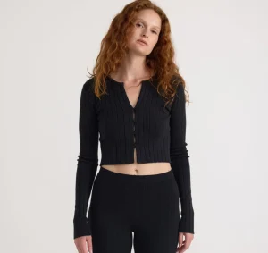 Online Organic Basics Soft Knit Rib Crop Cardigan Black